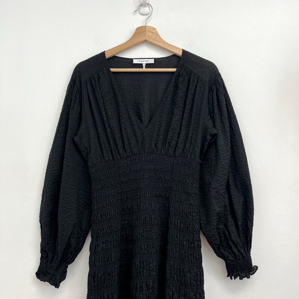 FRAME V-Neck Textured Smocked Blouson Puff Sleeves Mini Dress XS - Picture 4 of 15